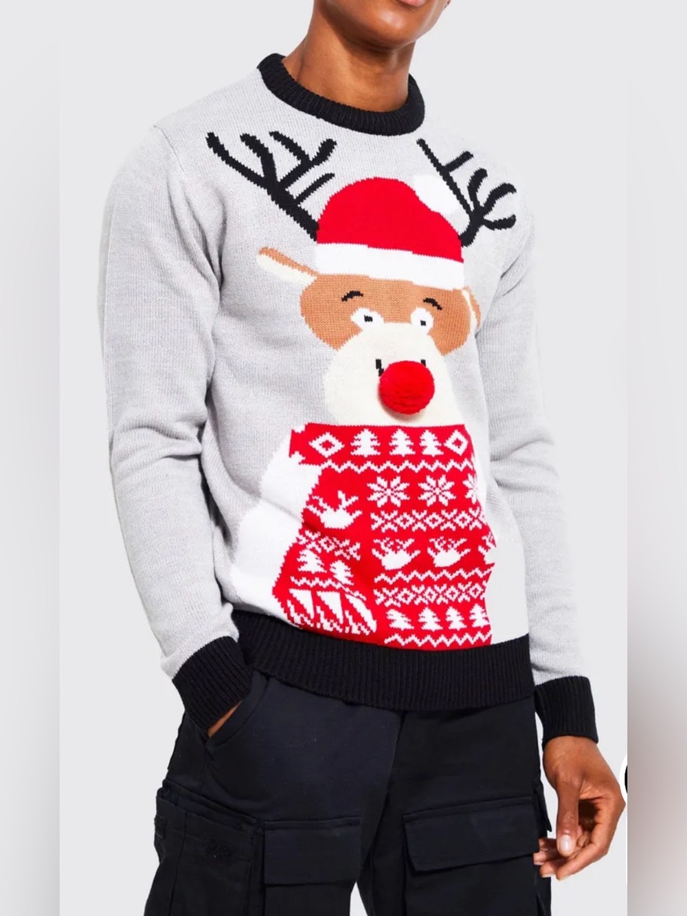 BoohooMan Reindeer Santa Hat Sweater